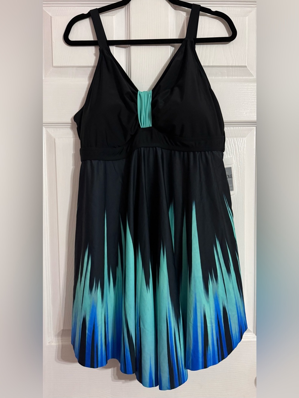 Black One-Piece Swimdress with Teal and Blue Ombre Accent